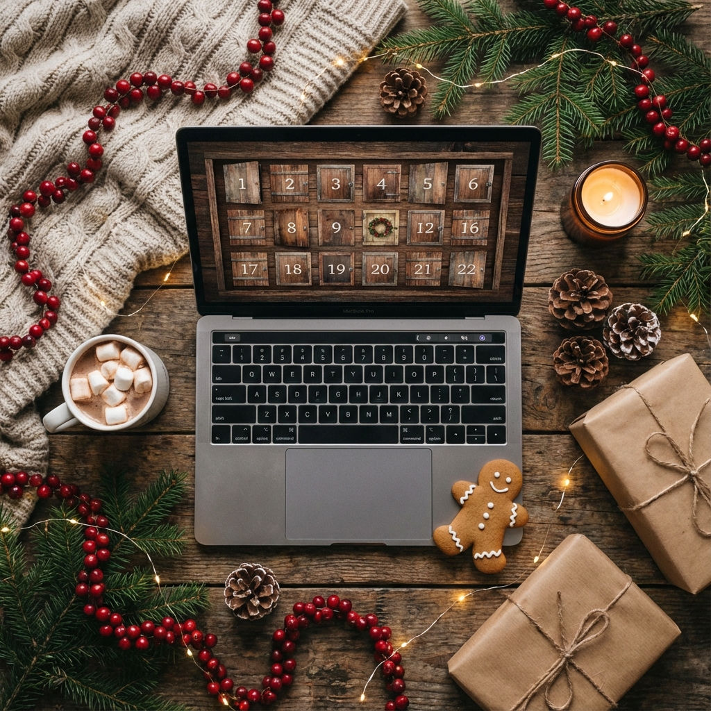 Cozy winter scene with digital advent calendar